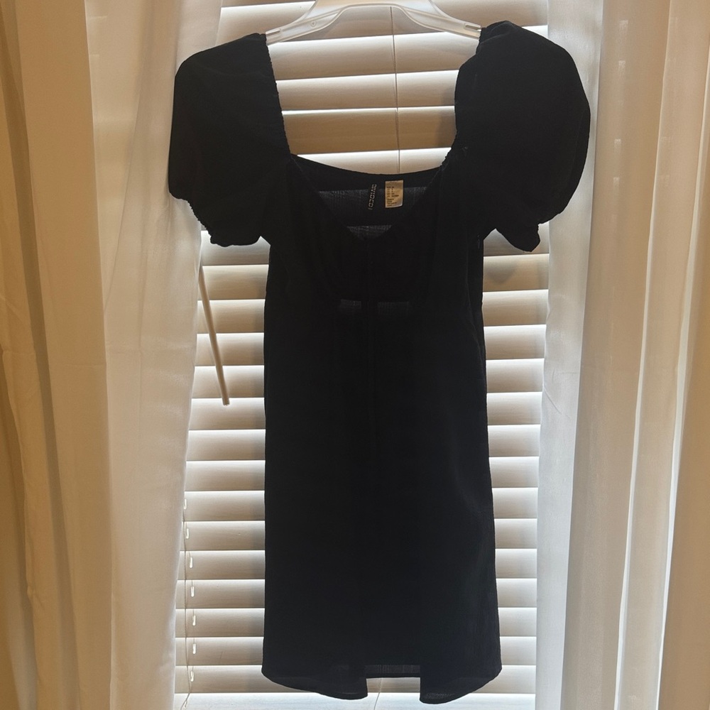 H&M Black Mini Dress with Puff Sleeves